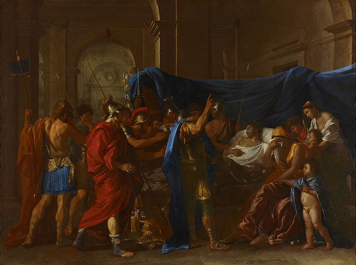 Gemälde von N. Poussin, 1627, Tod des Germanicus. Im Bett liegender Mann, umringt von Trauernden.