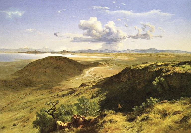 Gemälde einer weiten grünen Landschaft mit Begren, Wolken und Gewässern..