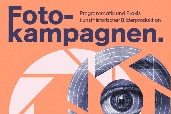 Fragmentiertes Auge auf rötlichem Hintergrund. Dazu violette Schrift