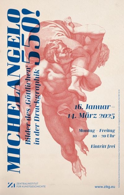 Ausstellungsplakat mit einer roten Druckgrafik uns blauem Text. Ein Teufel entführt einen Menschen und trägt ihn über seine Schulter gelegt.