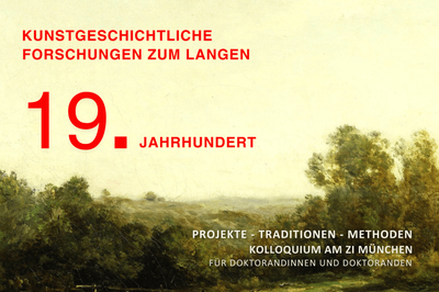 Gemälde einer grünen Landschaft mit gelblichem Himmel. Rote und weiße Schrift