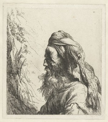 Druckgrafik eines bärtigen Mannes mit Turban