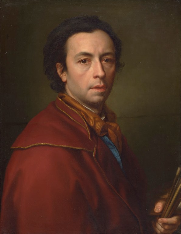 Anton Raphael Mengs, Selbstbildnis, 1773 Porträt eines Mannes mit dunklem, lockigem Haar, rotem Mantel mit goldener Borte und oranger Schleife, der Pinsel hält.