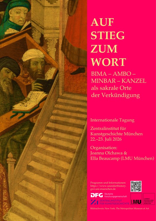Olchawa_Poster_Aufstieg.jpg Ausschnitt eines Gemäldes mit Treppe und Personen neben einem roten Textfeld mit dem Titel 'AUFSTIEG ZUM WORT' und Informationen zu einer internationalen Tagung über sakrale Orte der Verkündigung
