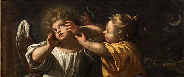 Anonym, Amor und Psyche als Kinder, Ausschnitt, Graz, Alte Galerie, © UMJ/Nicolas Lackner Gemälde: Zwei Kinder spielen miteinander. Beide wirken fröhlich und stehen einander zugewandt