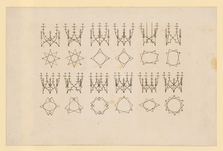 Schwarz-weiße Linienzeichnung mit mehreren geometrischen Figuren und verzweigten Linien in drei Reihen auf hellem Hintergrund
