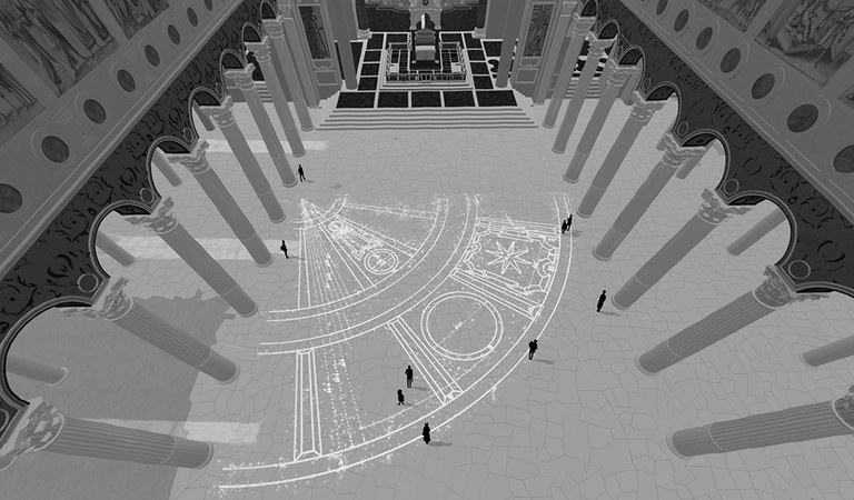 Incised architectural drawing on pavement, c. 1587, San Paolo fuori le mura, Rome. <br>Conjectural reconstruction by Morgan Ng overlaid on digital rendering by Nicola Camerlenghi. Blick von oben auf einen Innenhof mit Säulen und einer weißen Linienzeichnung auf dem Boden, die einen Grundriss oder eine architektonische Skizze zeigt