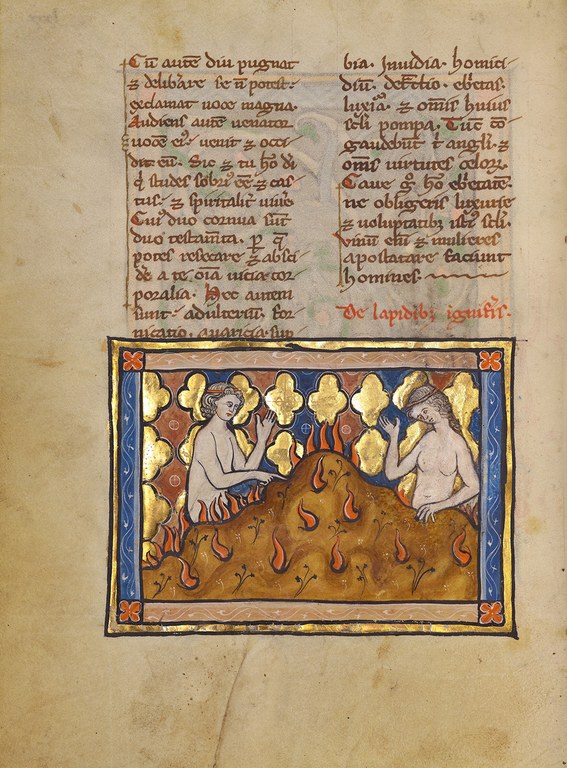 Unknown artist/maker (Franco-Flemish), illuminator <br> Fire Stones with a Naked Man and Woman, about 1270 <br>Tempera colors, gold leaf, and ink Leaf: 19.1 × 14.3 cm (7 1/2 × 5 5/8 in.) <br>The J. Paul Getty Museum, Los Angeles, Ms. Ludwig XV 3, fol. 69v, 83.MR.173.69v Helas_Philine_1000.jpg