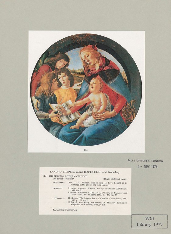 Sandro Botticelli and workshop, The Madonna of the Magnificat, oil on panel, circular, 63 cm in diameter, clipping from Christie’s auction catalogue December 1st, 1978, lot 113, mounted on cardboard in the Witt Library, housed at the Courtauld Institute of Art, Sheet name Courtauld_040168_Witt_084810_0005 Rundes Gemälde zeigt die Madonna mit Kind, umgeben von drei Engeln, alle in farbiger Renaissance-Kleidung
