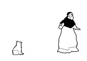 Schwarz-weiße Illustration eines sitzenden Hundes und eines alten, bärtigen Mannes in einem langen Kirchengewand