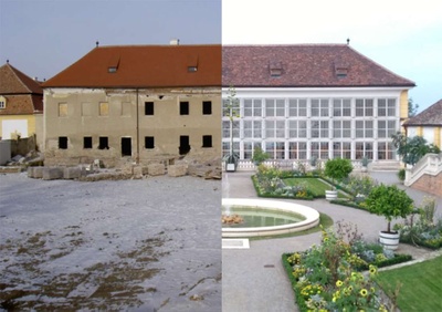 Östliches Glashaus & Orangeriegarten der Orangerieanlage von Schloss Hof, Niederösterreich, zu Beginn und nach Abschluss der Wiederherstellung 2002-2007