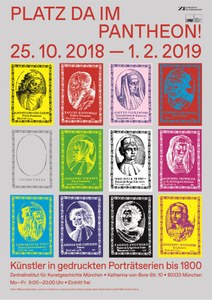 Bunter Veranstaltungsflyer. Bunte Briefmarken mit Künstlerporträts. Rote Schrift.