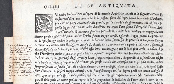 Sebastiano Serlio, Bücher zur Architektur (Venedig 1551), aus dem Besitz Vincenzo Scamozzis, mit eigenhändigen Anmerkungen, S. CXLIIII