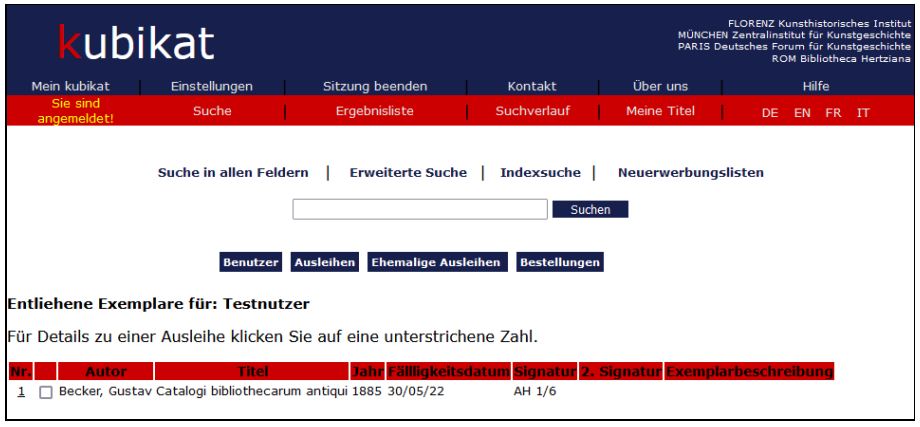 Liste der entliehenen Exemplare