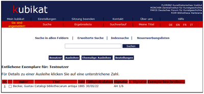 Liste der entliehenen Exemplare