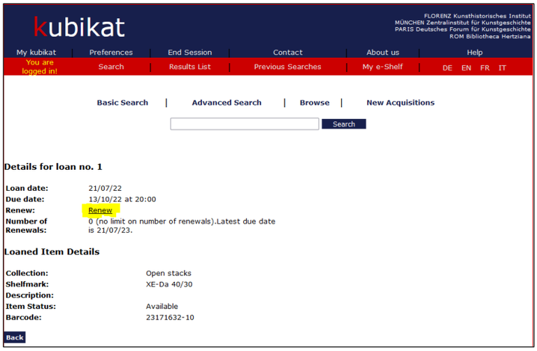 In thefull display you get a detailed view of the loan details for the selected title (Loan date, Due date, Renew, Number of Renewals, Collection, Shelfmark, Description, Item status, Barcode). With a click on "renew" you can extend your loan.