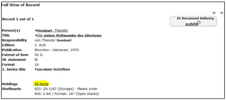 All the metadata for the chosen title (Person(s), Title, Responsibility, Edition, Publication, Extend of item, Illustration statement, Format, 1. Series title, Holdings, Shelfmark)