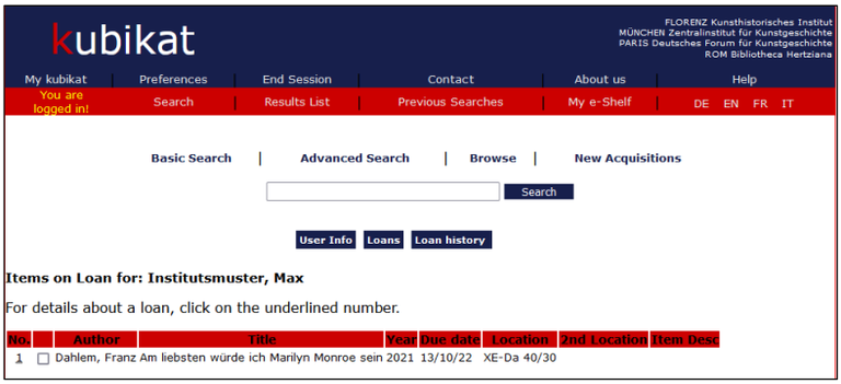 In your list of loans you can find all the title that you have currently on loan and the respective metadata (Author, Title, Year, Due date, Location, 2nd Location, Item Description). You can select the indiviidual titles or inspect them further by clicking on the number next to them.