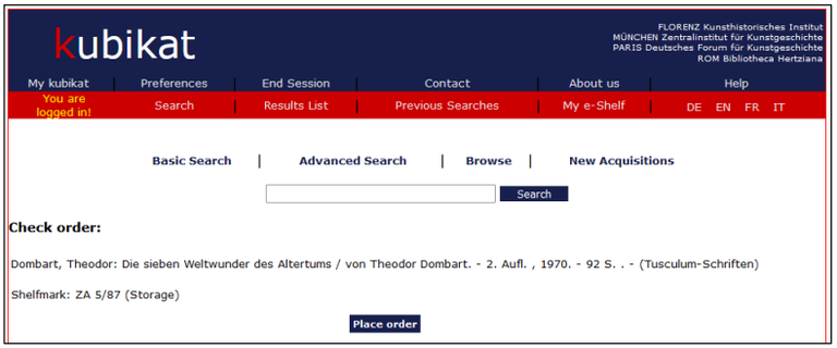 In the next step you will again get the metadata of your chosen title to doublecheck if everything is ok. With a click on the button "Place order" you can send of your order to the library.