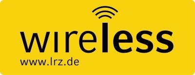 Auf einem gelben Grund steht in schwarzer Schrift "wireless www.lrz.de"