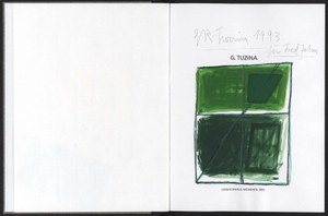 Aufgeschlagenes Buch. Auf der rechten Seite: Grüne Zeichnung.