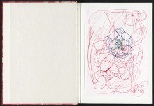 Aufgeschlagenes Buch. Auf der rechten Seite: Gekritzelte Zeichnung in rosaner Farbe.