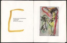 Aufgeschlagenes Buch. Links: kurzer Text. Rechts: Abstraktes Bild.