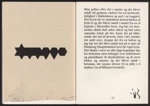Aufgeschlagenes Buch. Links: Schwarze Zeichnung einer geometrischen Form. Rechts: Schwarzer Text.