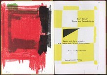 Aufgeschlagenes Buch. Links: Rotes Kunstwerk. Rechts: Gelbes Kunstwerk.