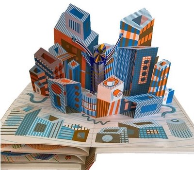 Pop-up Buch, aufgeschlagen eine Stadtskyline in Blau und Orangetöne