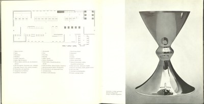 Doppelseite, links Text, rechts ein Altarkelch