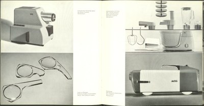 Doppelseite mit Fotos verschiedener Geräte und Text