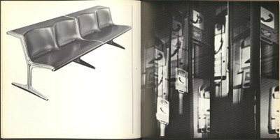Doppelseite mit Foto einer Sitzbank und abstrakten Darstellungen