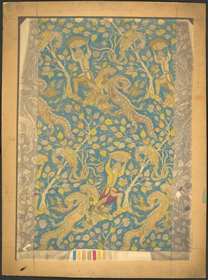 Ornamenthafte, blau-goldene Zeichnung auf einem vergilbten Papier.