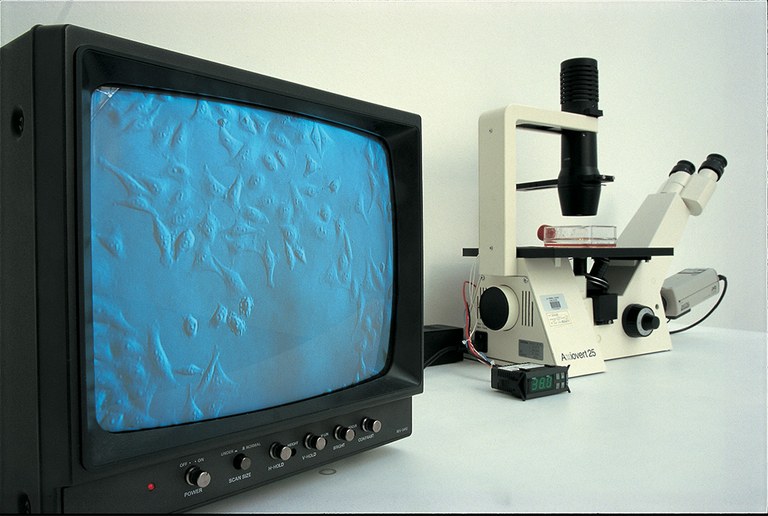 Foto von einem angeschalteten Röhrenfenrseher und einem danebenstehenden Mikroskop