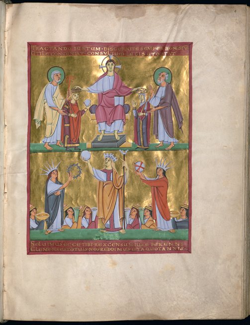 Seite aus de Perikopenbuch Heinrichs II, Szene: Krönung Heinrichs und seiner Gemahlin Kunigunde durch Christus, hinter ihnen die Bamberger Patrone Petrus und Paulus. Unten: Personifizierungen der Provinzen sowie der sechs Herzogtümer, Buchmalerei (ottonisch). Goldener Hintergrund.