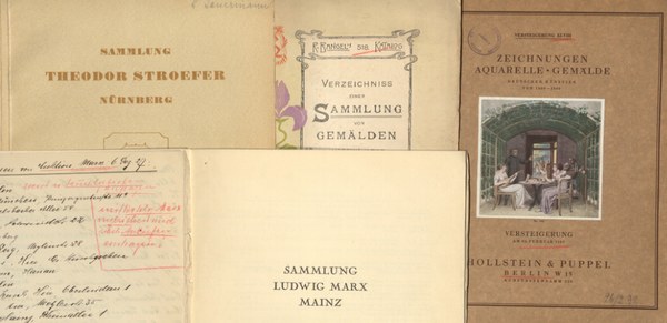 Verschiedene vergilbte Blätter nebeneinander. Auf den einzelnen Blättern finden sich verschiedene Titel von Sammlungen