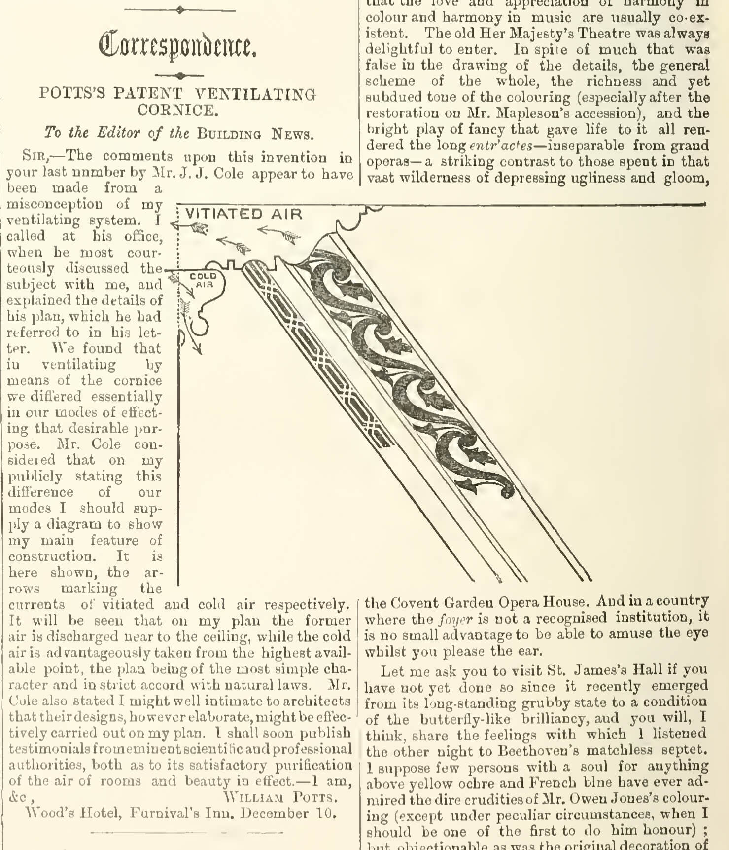 'Pott's Patent Ventilating Cornice', a decorative prototype for a new ventilation system, as featured in The Building News (18 December 1868)