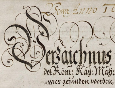 1000_Daniel Fröschel, Titelseite aus dem Inventar der Prager Kunstkammer, 1607–1611, Tinte auf Papier, ¬Wien-Vaduz, Liechtenstein, The Princely Collections, HS 130, Ausschnitt.jpg