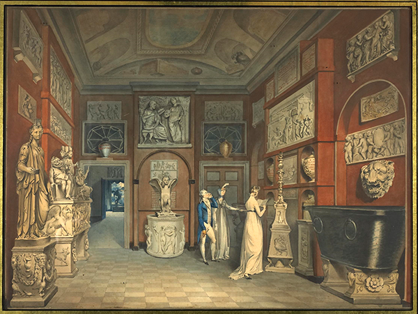 William Chambers, The sculpture collection of Charles Townley in the entrance hall of his house in Park Street, Westminster, 1794, Pen, grey ink, and watercolour. London, The British Museum. © The Trustees of the British Museum