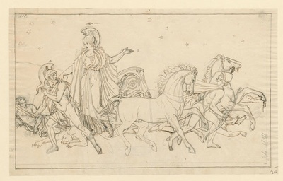 Abbildung: Martin von Wagner, Athena mahnt Diomedes zur Rückkehr (Szene aus Homers Ilias, 10. Gesang), um 1840/50, Feder und Bleistift auf Papier, 21,5 x 35,7 cm, Martin von Wagner Museum der Universität Würzburg, Inv. Hz 2942 | © Martin von Wagner Museum