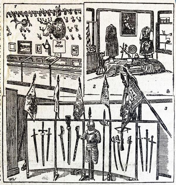 Ein Holzschnitt von drei verschiedenen Ausstellungsräumen. Zu sehen sind Waffen Vitrienen, Geweihe Kleider und Fahnen.