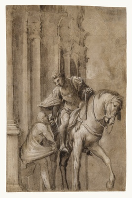 Lorenzo Lotto, ‘Saint Martin Dividing his Cloak with a Beggar’, c.1530, brush with grey-brown wash with white heightening over black chalk on brown paper, 314 x 217 mm (Los Ang