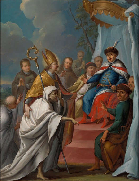 Ein Bischof führt einen in Decken gekleideten Mann in gebeugter Haltung vor einen König, der auf dem Thron sitzt.