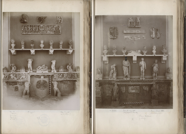 Projekt K. Vos_ Left: compartment XIX (west wall) [now: compartment XXII]. Right: compartment XI (west wall) [now: compartment XXXVIII]. Plates 36 and 21 in Album fotografico e bozze del catalogo del Museo Chiaramonti con note autografe di Walter Amelung,