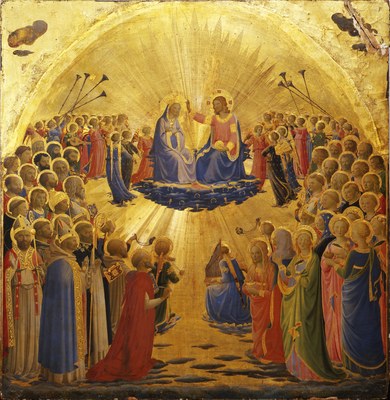 Projekt_S.Quené_Fra Angelico, Paradiso, ca. 1431–1435. Mischtechnik mit Gold und Silber auf Holz, 112 x 114 x 3,7 cm. Gallerie degli Uffizi, Firenze. Inv. 1890, no. 1612.