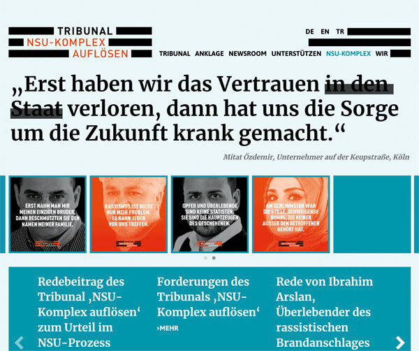 Screenshot: Tribunal NSU-Komplex auflösen, https://www.nsu-tribunal.de/nsu-komplex/#newsmodal (Zugriff: 7.4.2022)