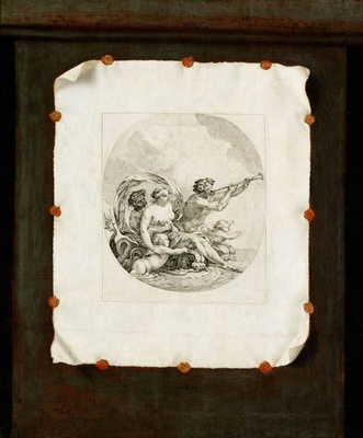 Sebastian Stoskopff, Trompe-l’œil mit Kupferstich der Galatea, ca. 1651, Öl auf Leinwand, Wien, KHM, Quelle: wikimedia commons.