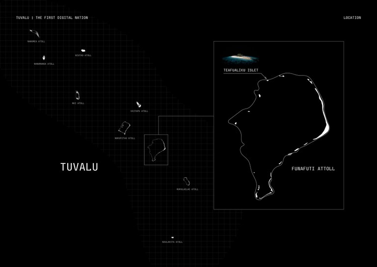 Eine Kartenvisualisierung von Tuvalu: die Inseln erscheinen als fragile weiße Konturen im digitalen leeren Raum zwischen technischer Diagrammatik, Satellitenperspektive und Interface-Ästhetik.