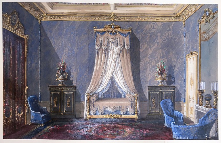 Gemaltes Bild zeigt ein Schlafzimmer mit einem Himmelbett in der Mitte, goldverzierten Möbeln, lila Tapeten